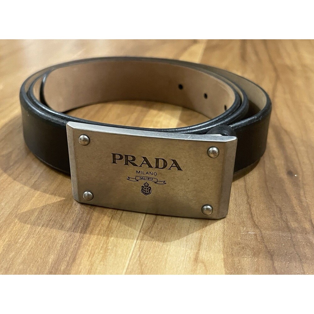 AUTHENTIC PRADA Men's Black Belt Size 38”, 1.5" width, Silver Logo Buckle NEW